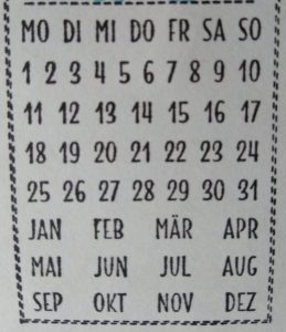 Kalender mit Wochentagen, Daten und Monaten